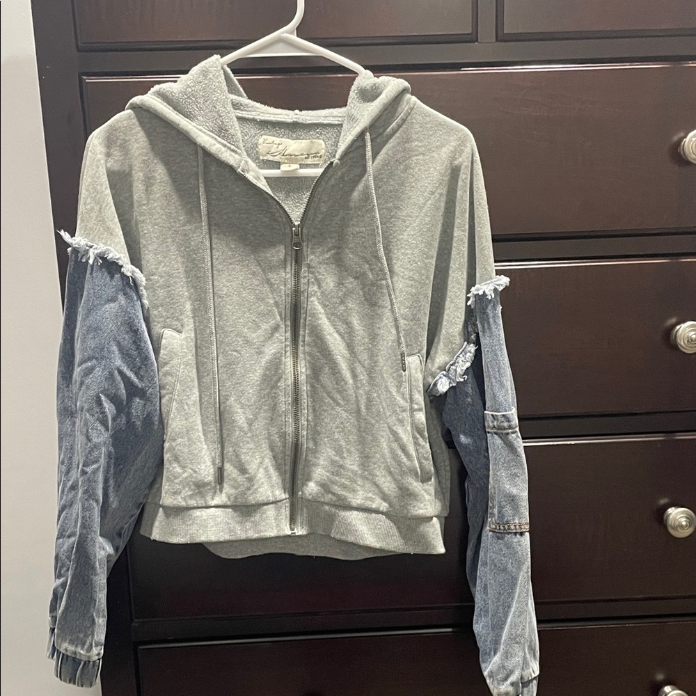Vintage Havana Gray Hoodie with Denim Sleeve Detail
